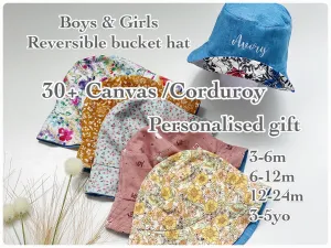 Personalised reversible denim Baby bucket hat, sun hat, canvas, drill, corduroy fabric 30  patterns, free shipping