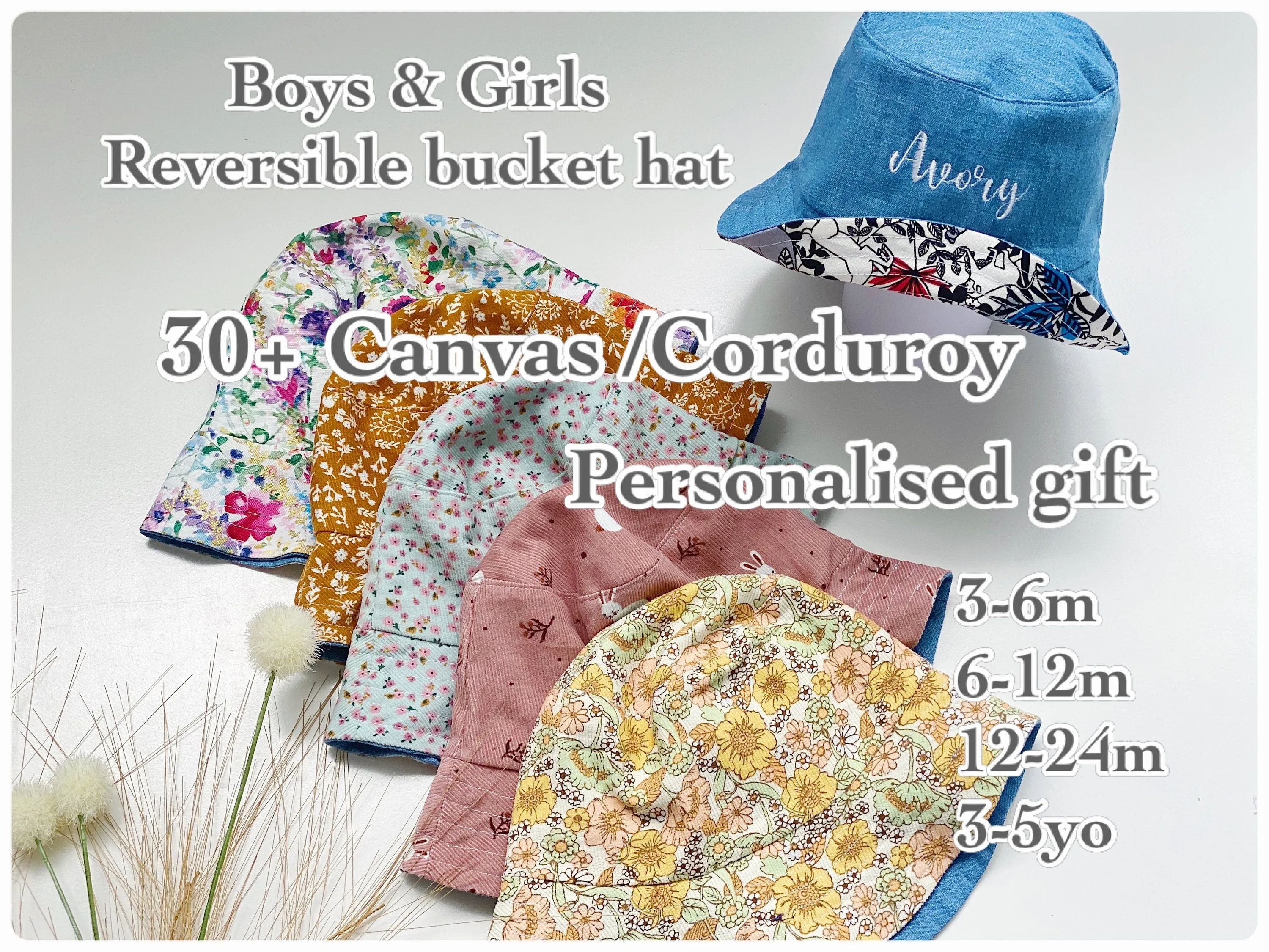 Personalised reversible denim Baby bucket hat, sun hat, canvas, drill, corduroy fabric 30  patterns, free shipping