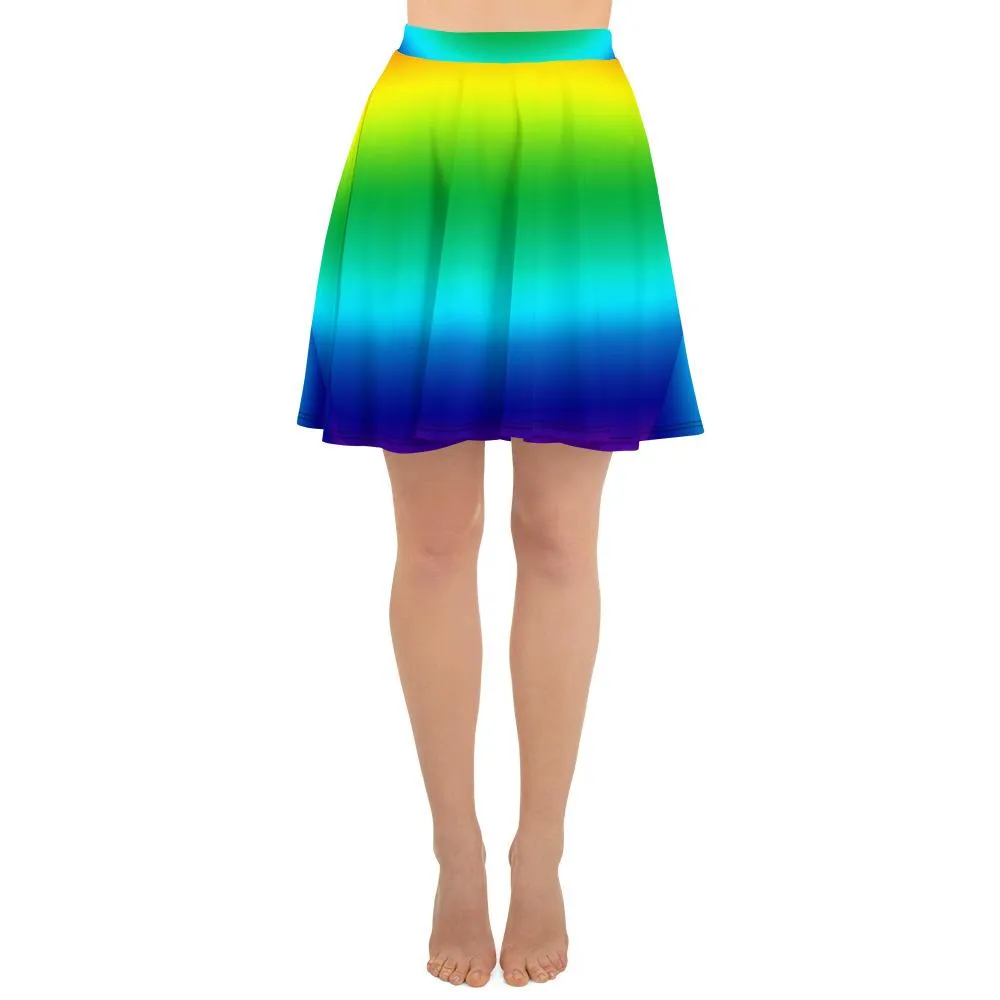 Rainbow Women's Skater Skirt, Bright Horizontal Rainbow Ombre Skater Skirt- Made in USA/EU