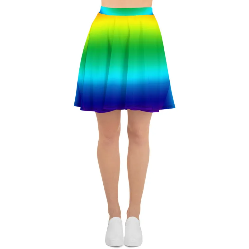 Rainbow Women's Skater Skirt, Bright Horizontal Rainbow Ombre Skater Skirt- Made in USA/EU