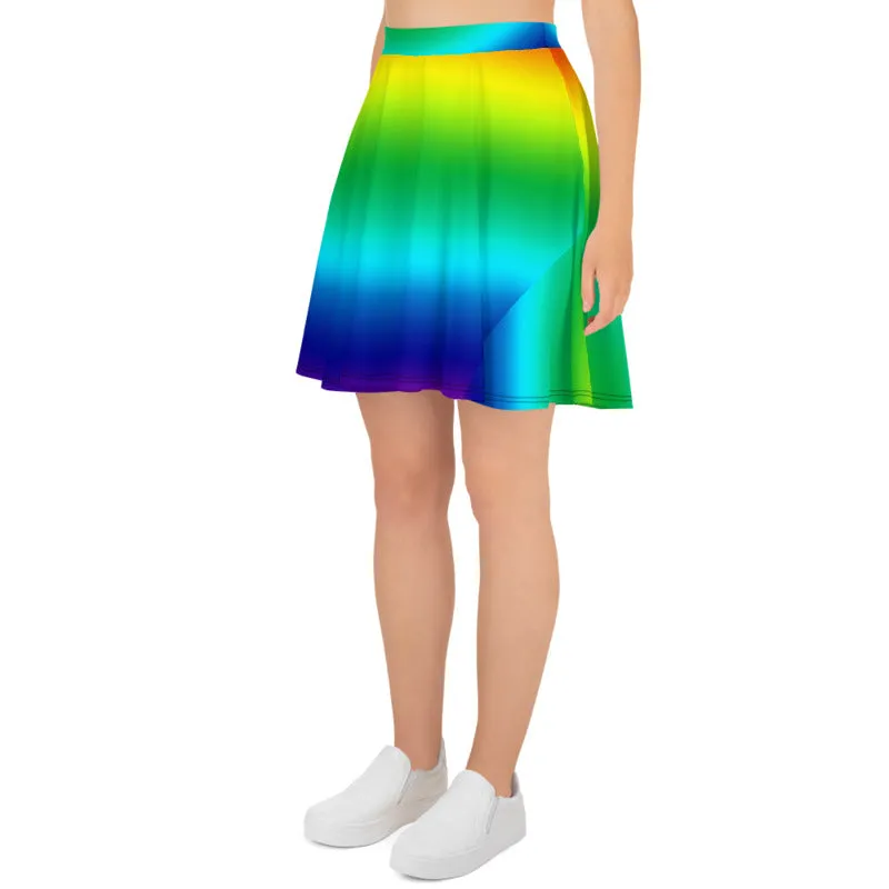 Rainbow Women's Skater Skirt, Bright Horizontal Rainbow Ombre Skater Skirt- Made in USA/EU
