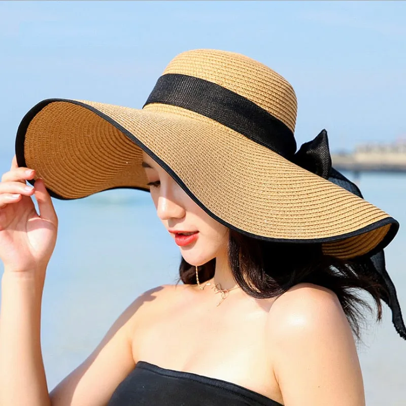 Summer Large Brim Straw Hat Floppy Wide Brim Sun Cap Bowknot Beach Foldable Hats New Hats for Women