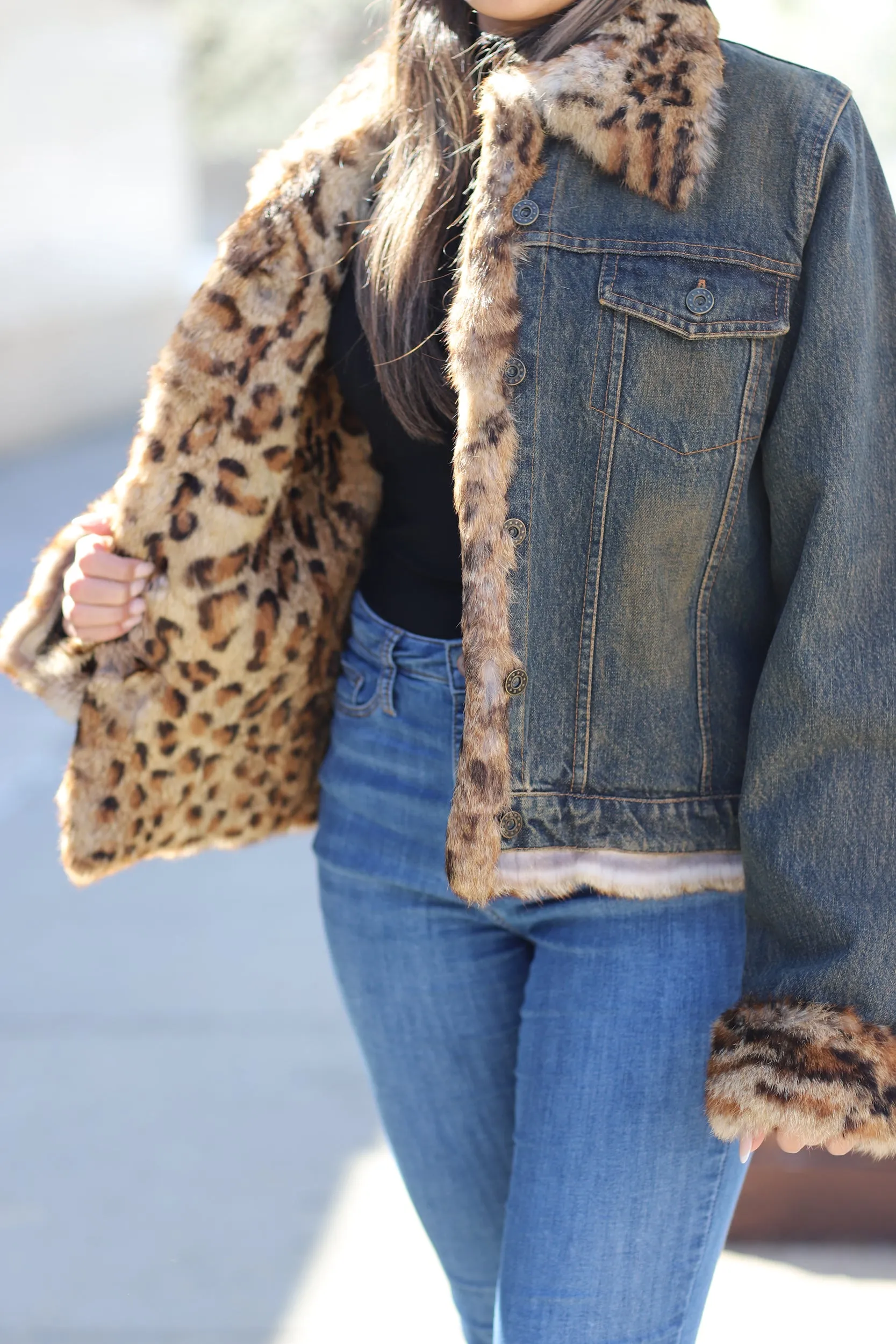 Vintage Denim Jacket with Full Fur Inside  - Natural