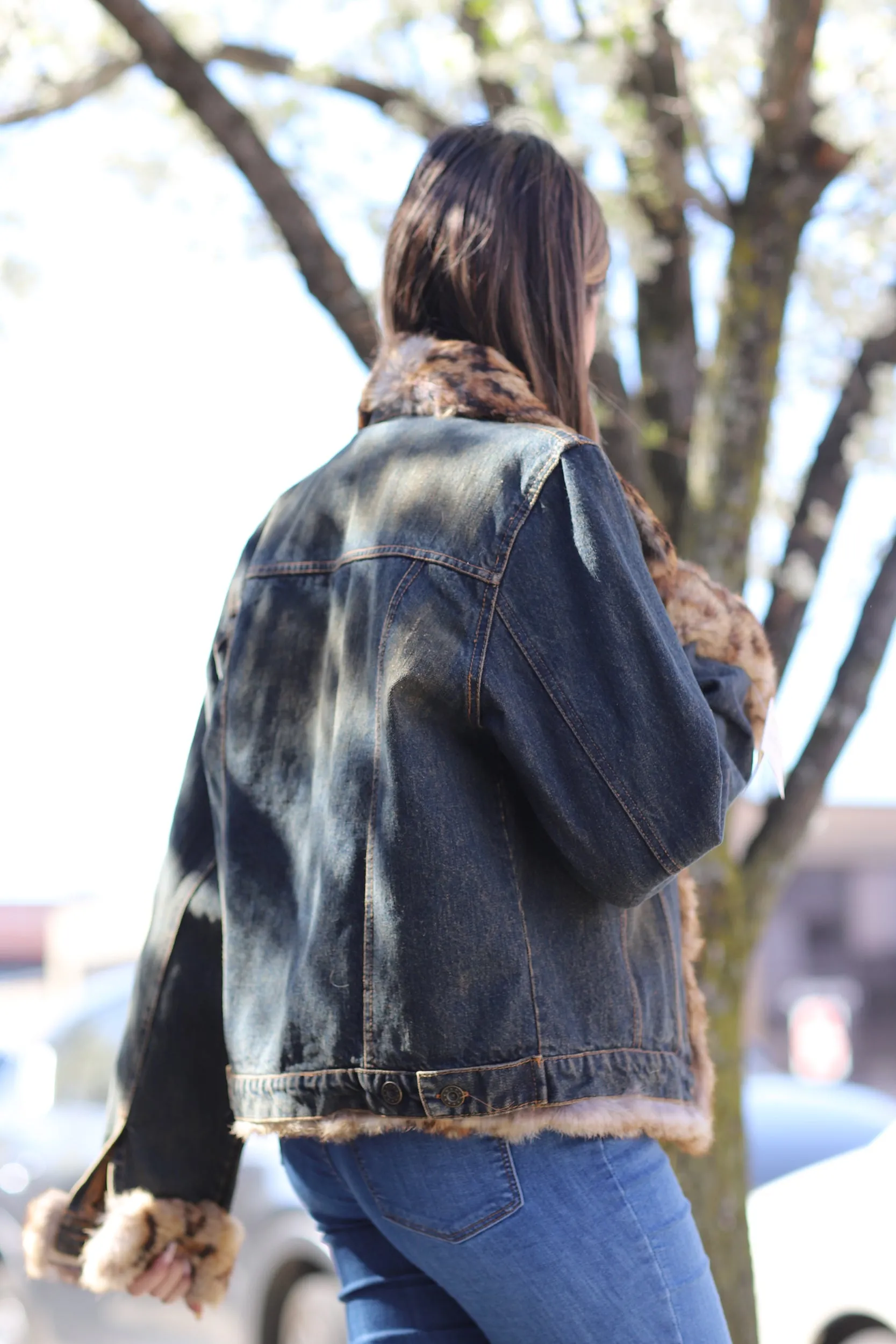 Vintage Denim Jacket with Full Fur Inside  - Natural