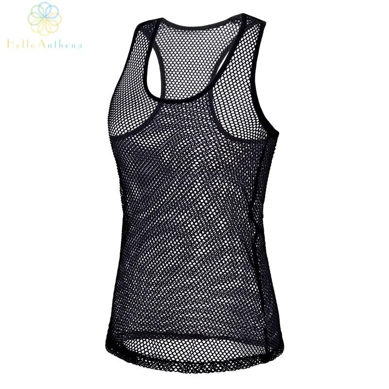Women Black Match Mesh Sport Tank Top Running Fitness Yoga Gym Vest Summer Sleeveless
