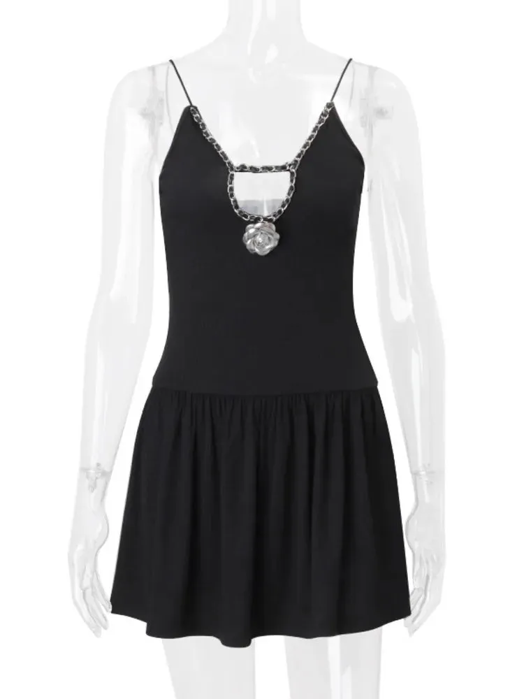 Women Skater Cutout Mini Dress with Decorative Chain