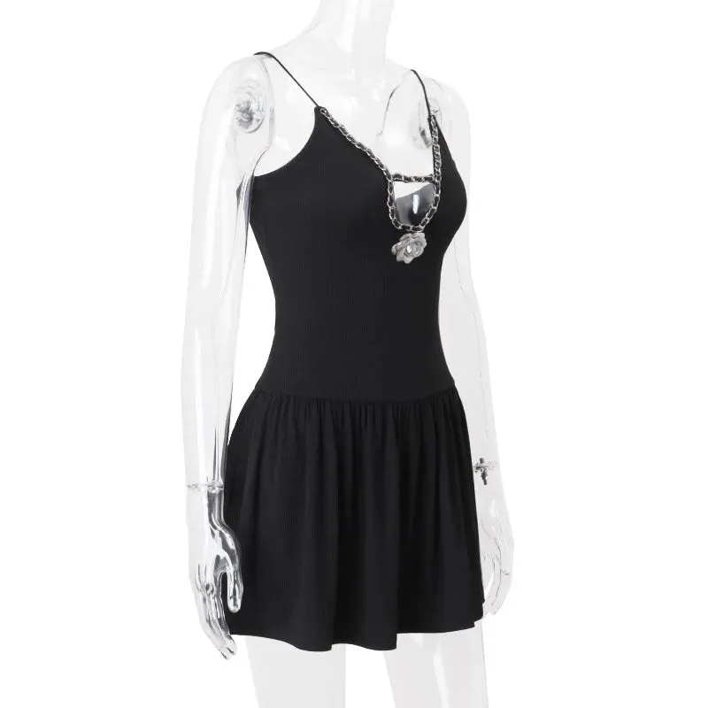 Women Skater Cutout Mini Dress with Decorative Chain