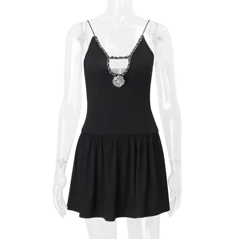 Women Skater Cutout Mini Dress with Decorative Chain