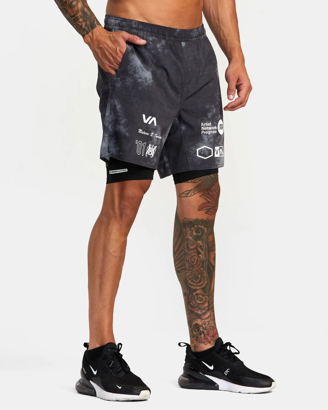 Yogger Train 2-In-1 Elastic Waist Workout Shorts 17" - RVCA Black Tie Dye