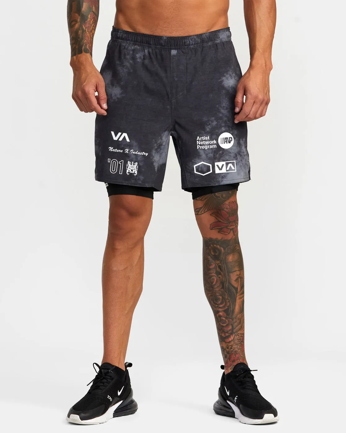 Yogger Train 2-In-1 Elastic Waist Workout Shorts 17" - RVCA Black Tie Dye