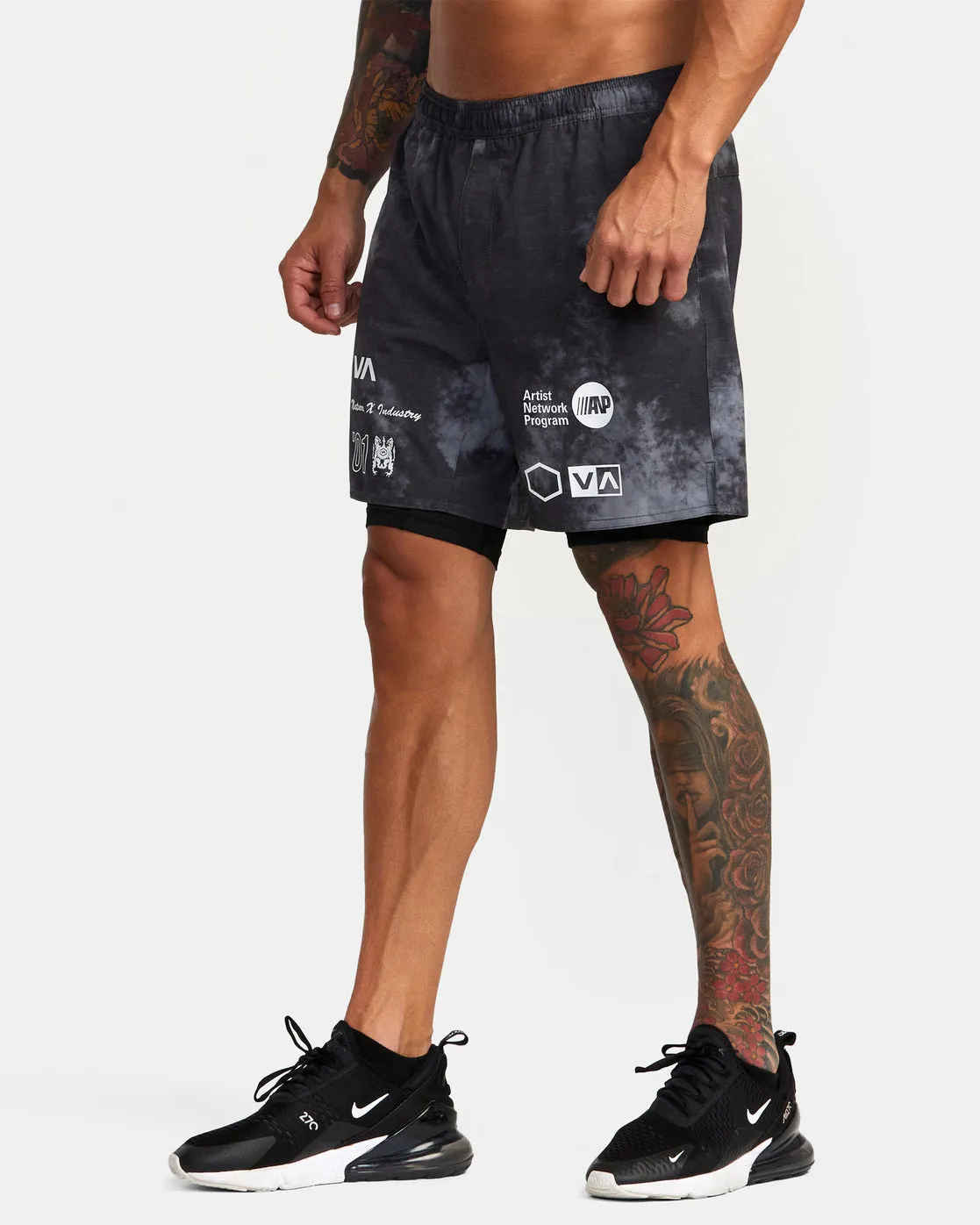 Yogger Train 2-In-1 Elastic Waist Workout Shorts 17" - RVCA Black Tie Dye