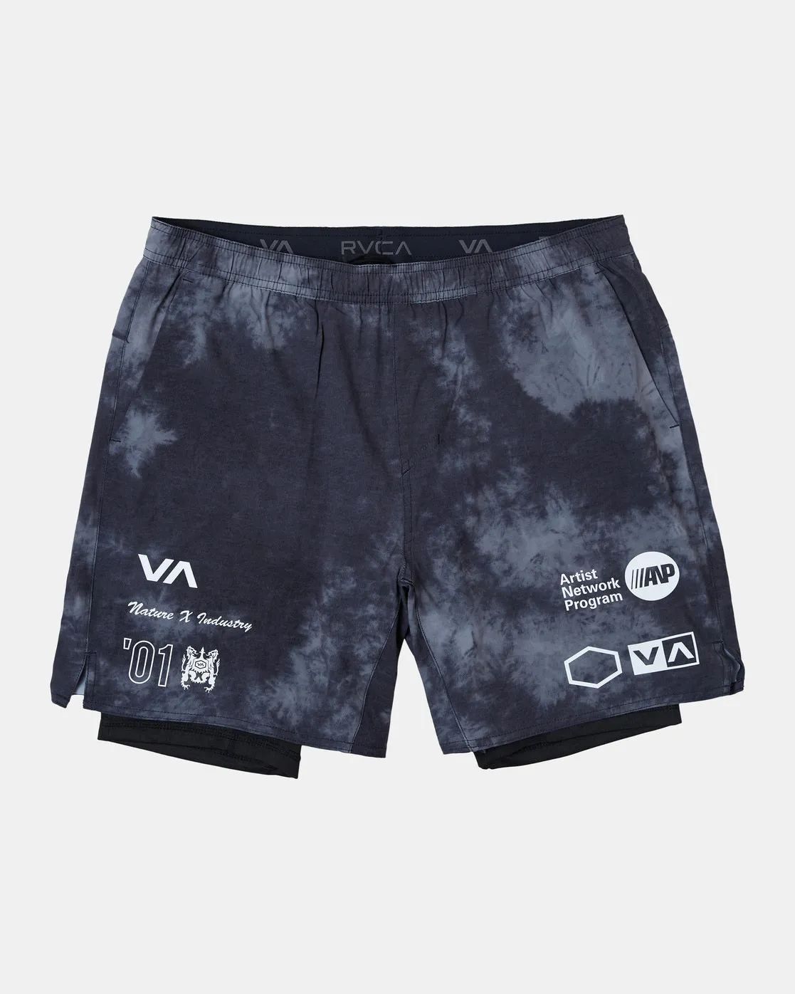 Yogger Train 2-In-1 Elastic Waist Workout Shorts 17" - RVCA Black Tie Dye